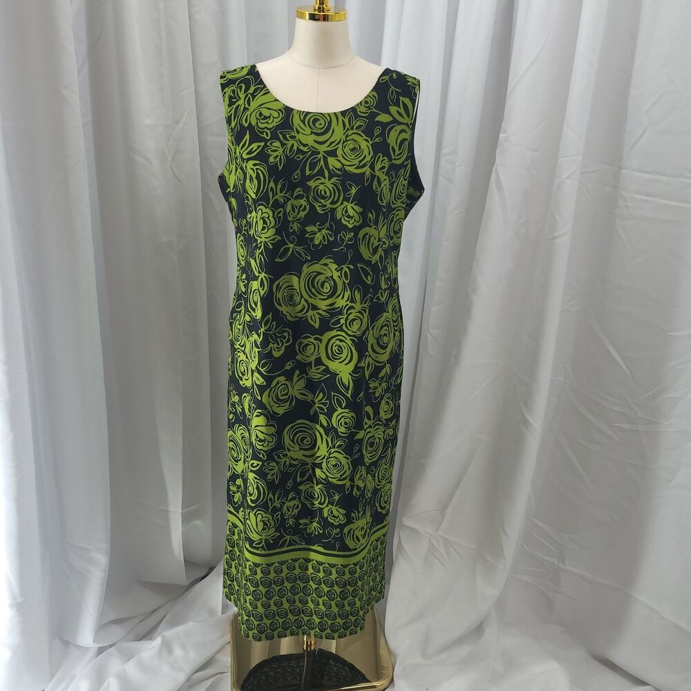 Dana Kay Lime Green Black Rose Floral Sleeveless Shift Midi Dress Size 16 Bold